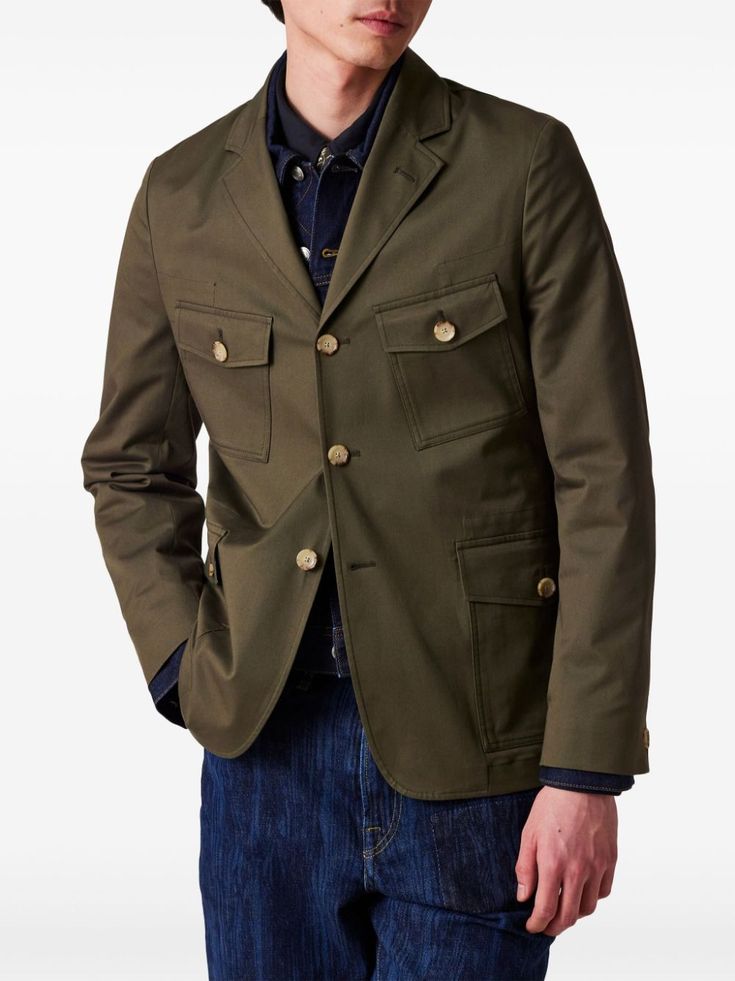 Find PAUL SMITH Flap-pockets Jacket on Editorialist. khaki green cotton blend front button fastening notched lapels four front flap pockets long sleeves buttoned cuffs curved hem Classic Green Utility Jacket For Work, Classic Olive Button-up Outerwear, Green Utility Jacket With Welt Pockets For Work, Military Style Outerwear With Buttoned Pockets For Work, Khaki Button-up Utility Jacket With Welt Pockets, Khaki Utility Jacket With Lapel Collar, Green Button-up Outerwear With Flap Pockets, Green Utility Jacket With Lapel Collar For Workwear, Green Utility Jacket With Flap Pockets For Work