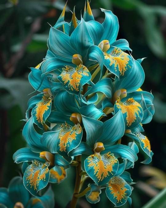 a blue flower with yellow stamens on it's petals and green leaves in the background