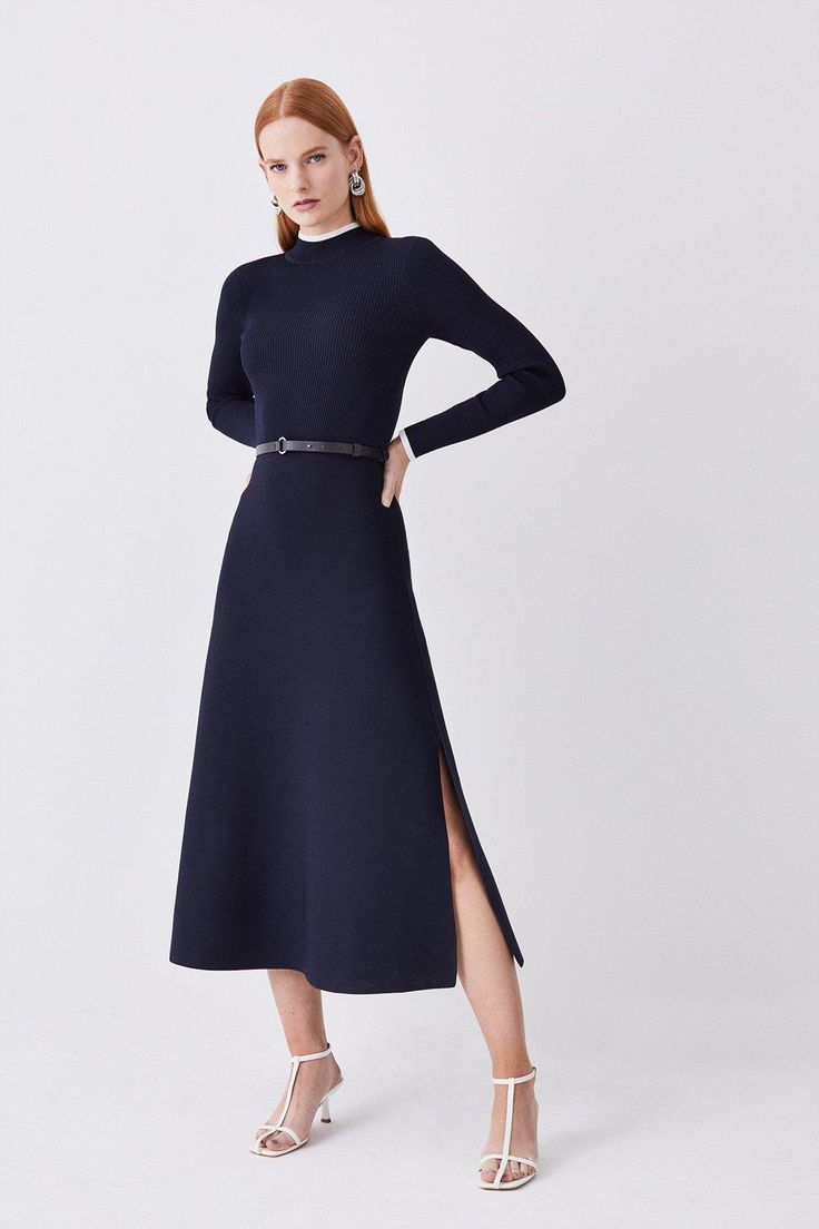 Sculpting Proportions Create A Statuesque Fit For This Timeless Midi Dress, Tracing The Form With A Tactile Ribbed Knit. From The Fitted Round-Neck Bodice To The Split Straight Skirt, We Style This Piece With Streamlined Knee-High Boots For A Classic Finish.Round Necklinebelted Waiststraight Skirtsplit Side Fall Workwear Midi Dress With Side Slits, Elegant Winter Dresses With Side Slits, Sleek Ribbed Midi-length Dresses, Sleek Ribbed Midi Length Dress, Classic Fitted Ribbed Midi Dress, Classic Ribbed Fitted Midi Dress, Elegant Ribbed Midi-length Sweater Dress, Elegant Fitted Sweater Dress With Ribbed Neckline, Elegant Ribbed Maxi Dress For Work