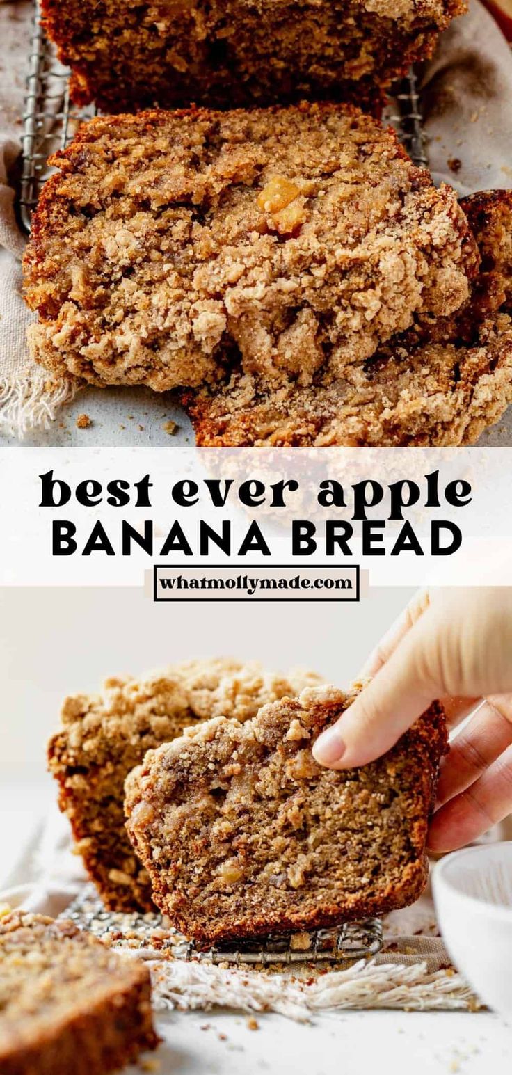 the best ever apple banana bread is cut in half and stacked on top of each other