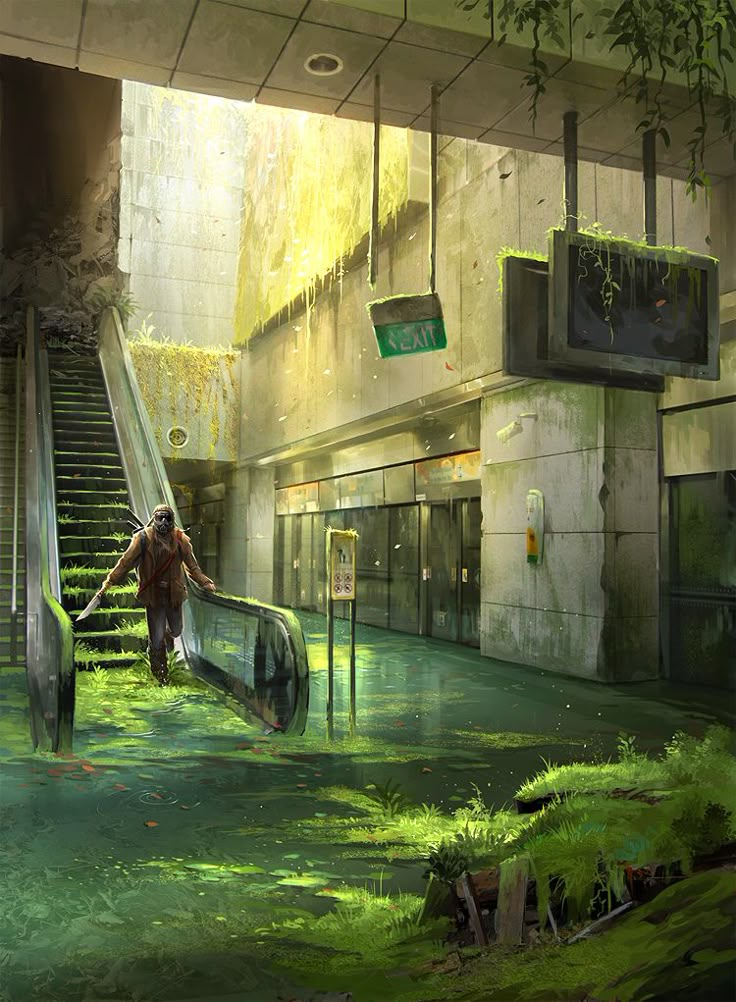 a man is going up the stairs in an abandoned building with green plants growing on it