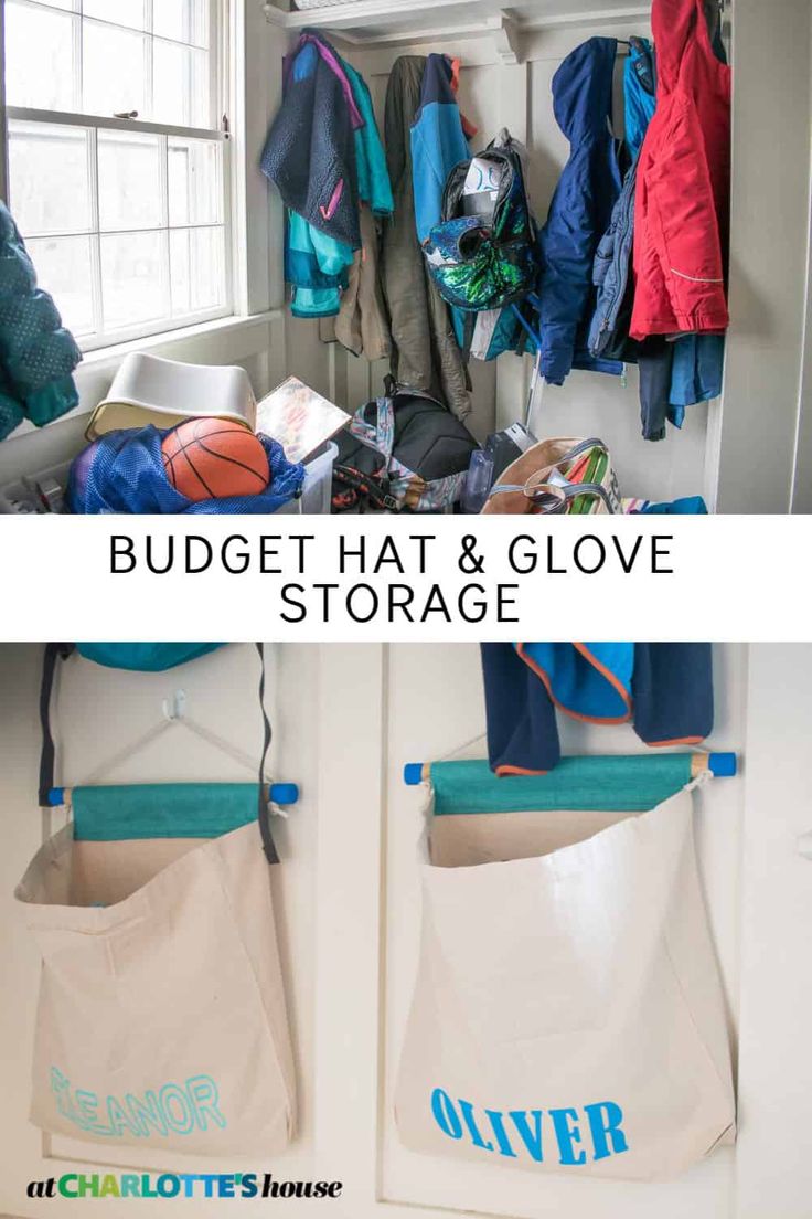 two pictures with the words budget hat and glove storage in blue, white and green