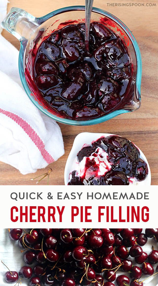 cherry pie filling in a glass dish with cherries on the side and text overlay reading quick & easy homemade cherry pie filling