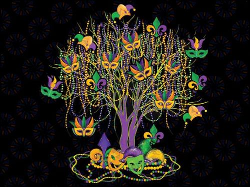 a tree with masks on it and beads hanging from the branches, in front of a black background