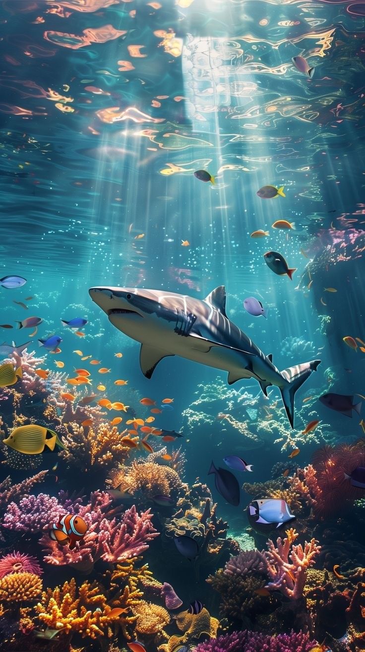 a shark swimming in the ocean surrounded by fish and corals, with sunlight streaming through the water