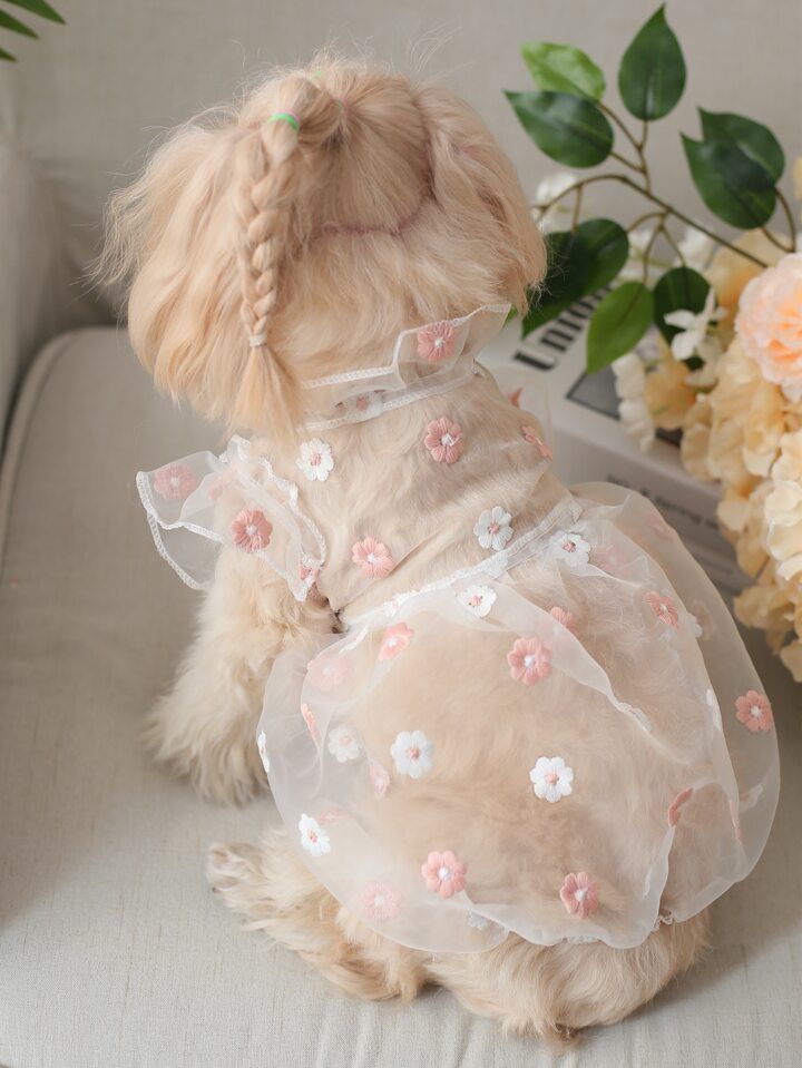 a small dog in a dress sitting on a couch next to flowers and a vase