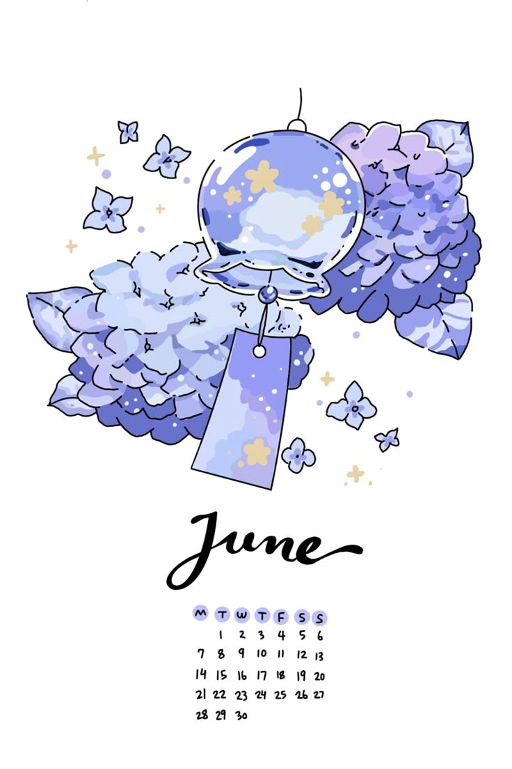 the calendar for june is shown with blue flowers and stars on it, as well as butterflies