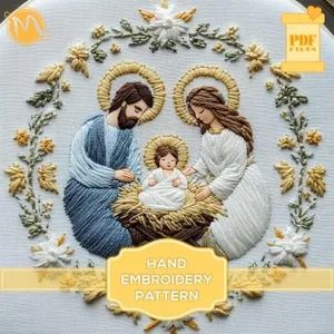 a cross stitch pattern with the image of jesus and mary holding a baby in her arms