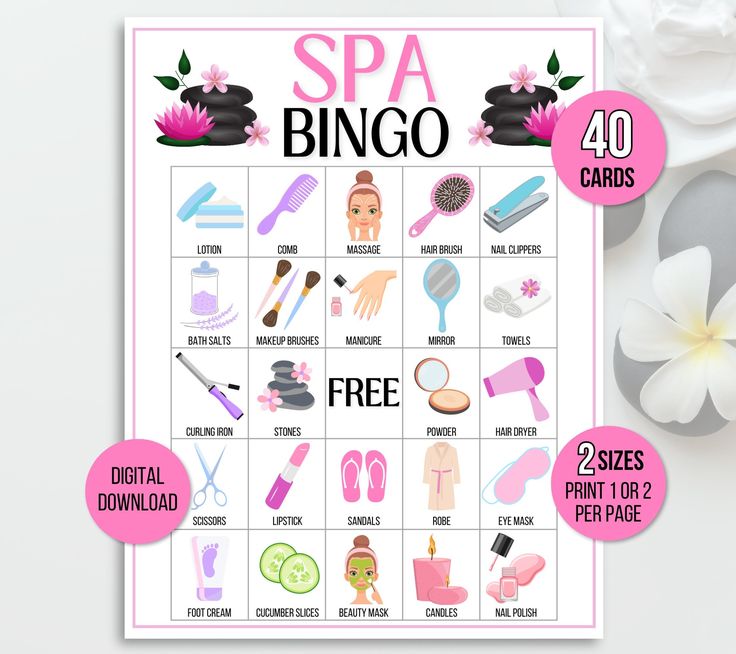 a poster with the words spa bingo on it and various items to use in this game