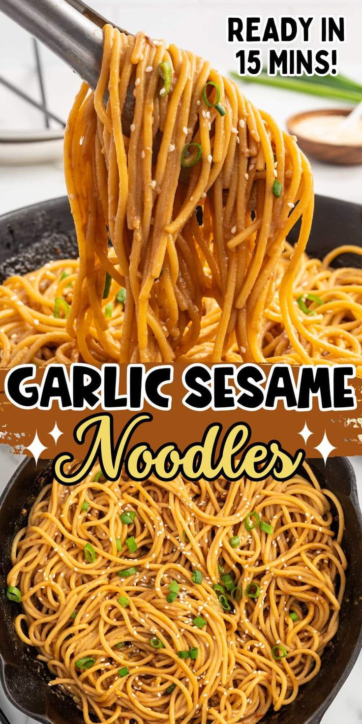 the recipe for garlic sesame noodles is in a skillet and ready to be eaten