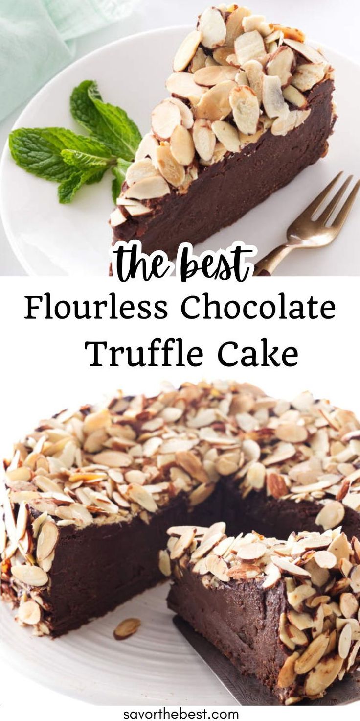 the best flourless chocolate truffle cake with almonds and mint leaves on top