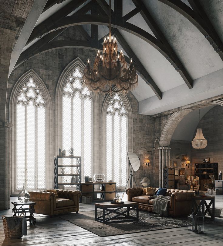 a large living room filled with lots of furniture and tall windows covered in light wood beams