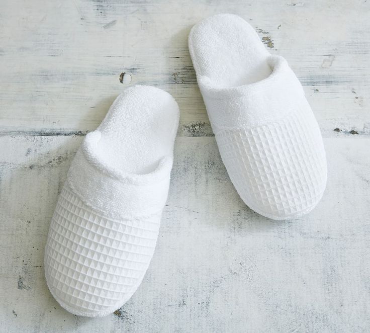 White Waffle Weave Resort Slippers, Large | Pottery Barn Spa Slippers, Slippers Womens, White Slippers, Dobby Weave, Matching Robes, Comfy Slippers, Gift Inspo, Faux Fur Slippers, Fur Slippers