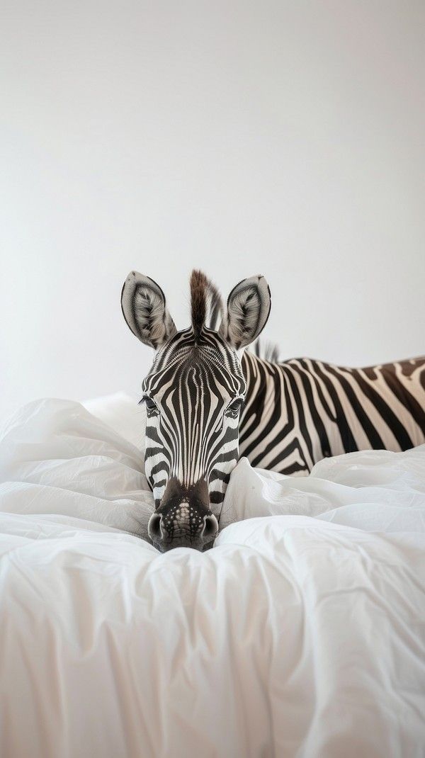 a zebra laying on top of a white bed