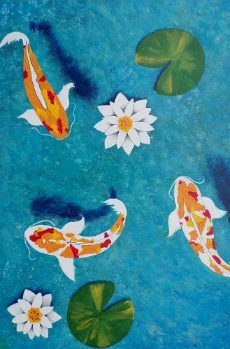 painting of koi fish and lily pads in blue water with white flowers on the bottom