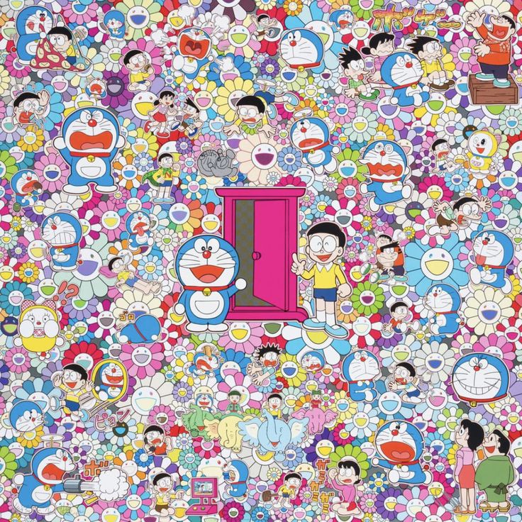 a large group of cartoon characters all grouped together