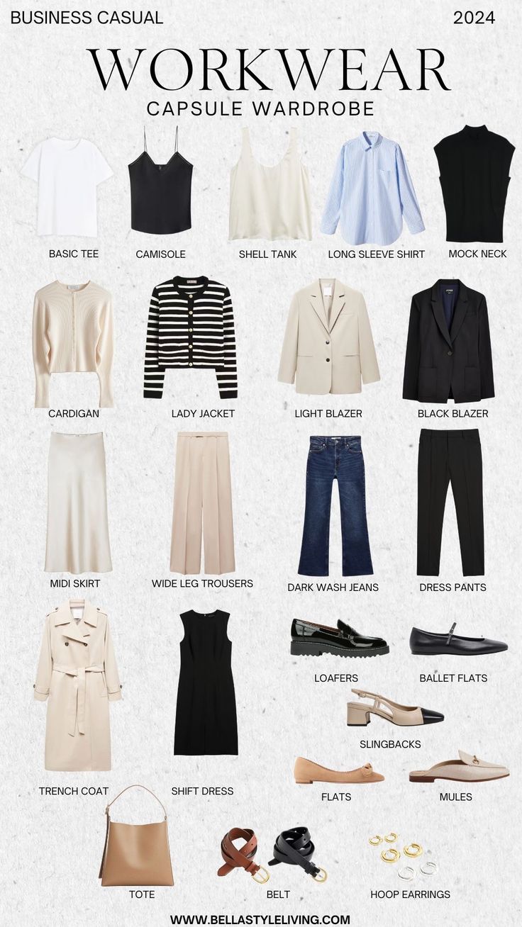 Business Casual Capsule Wardrobe for Women Business Casual Capsule Wardrobe, Business Casual Capsule, Casual Capsule Wardrobe, Interview Suits, Workwear Capsule Wardrobe, Smart Casual Women Outfits, Fashion Infographic, Workwear Capsule, Capsule Wardrobe Casual