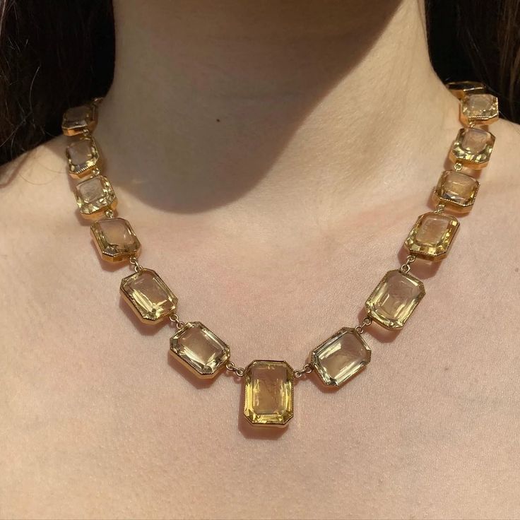 "Vintage 14K Yellow Gold & Citrine Cameo Stations Necklace, c. 1930s-1940s Absolutely ravishing citrine necklace dating to late Art Deco early Retro period Necklace composed of twenty-one (21) perfectly matched citrine stations set in individual 14K yellow gold bezels Each golden hued citrine is emerald cut and features a cameo image of a classical man or a woman Necklace completed with a box clasp and hallmarked \"14K\" on the clasp Condition: Superb vintage condition. All stones are in fantast 1930s Necklace, Late Art, Necklace C, Woman Necklace, Golden Necklace, Citrine Necklace, Art Deco Necklace, Box Clasp, Station Necklace