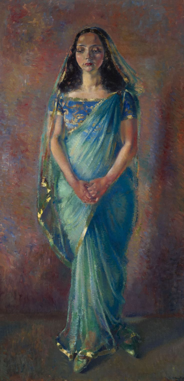 a painting of a woman wearing a blue sari and holding her hands in her pockets