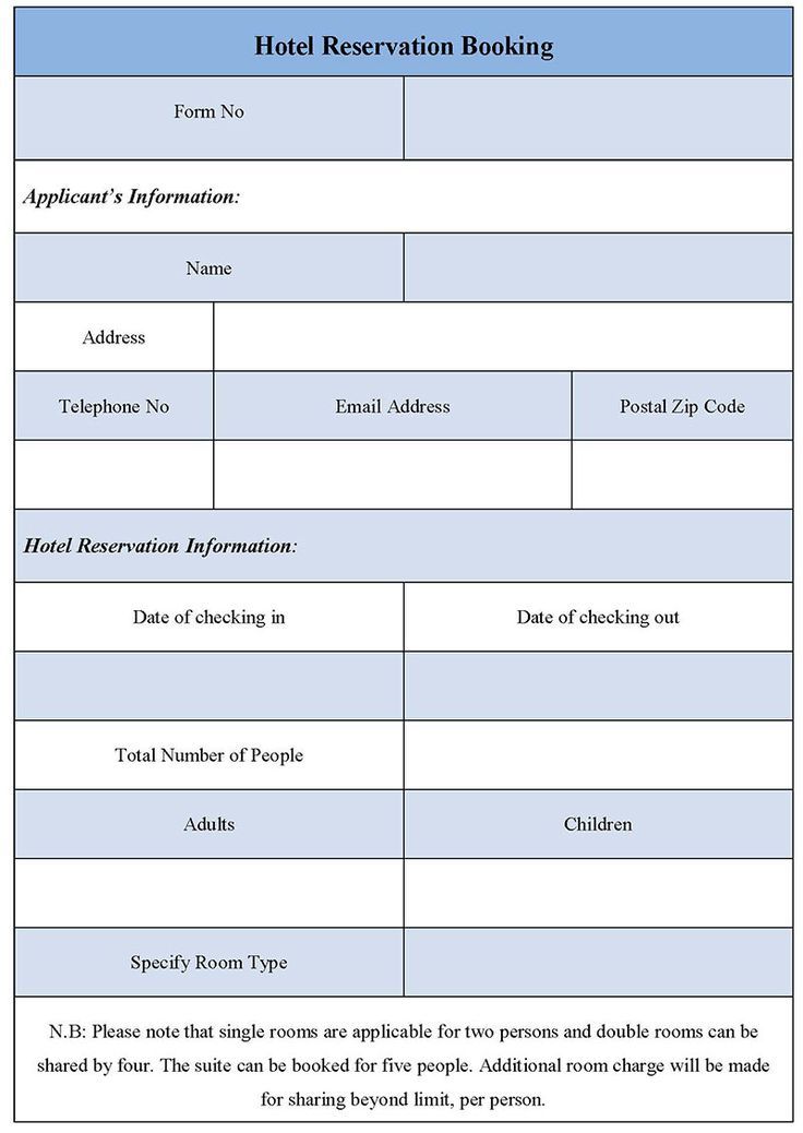 the hotel reservation form is shown in this file, and contains information for each room