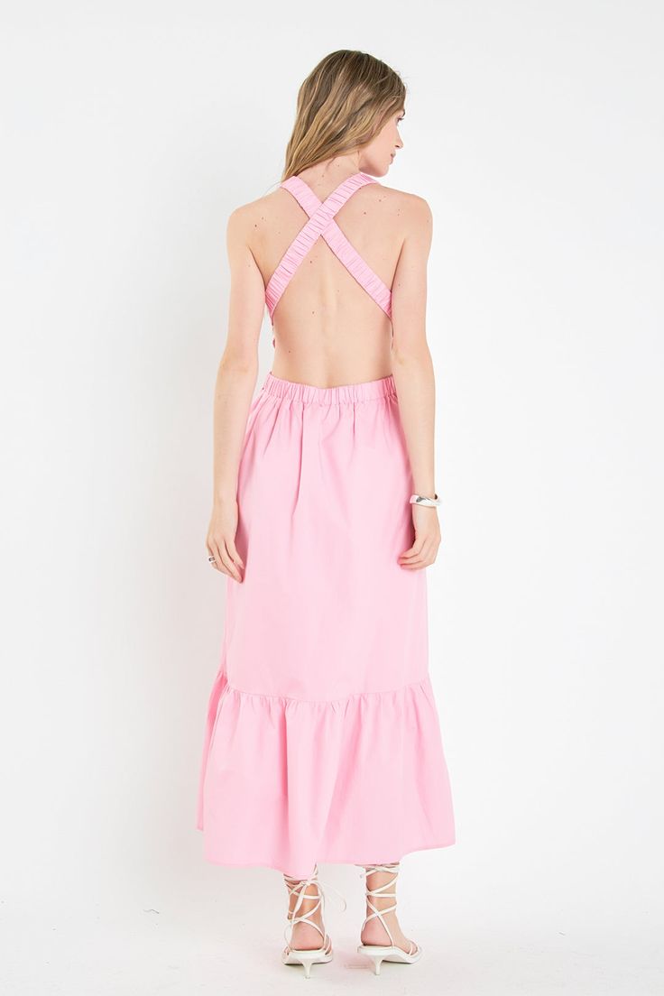 Elastic Detail Sleeveless Dress – English Factory Spring Pink Maxi-length Backless Dress, Sleeveless Tie Back Backless Dress For Summer, Spring Backless Maxi Dress With Ruched Back, Spring Sundress With Crisscross Straps, Backless Tie Back Sundress, Backless Tie-back Sundress, Pink Spring Dress With Crisscross Straps, Pink Spring Dresses With Crisscross Straps, Pink Dresses With Crisscross Straps For Spring