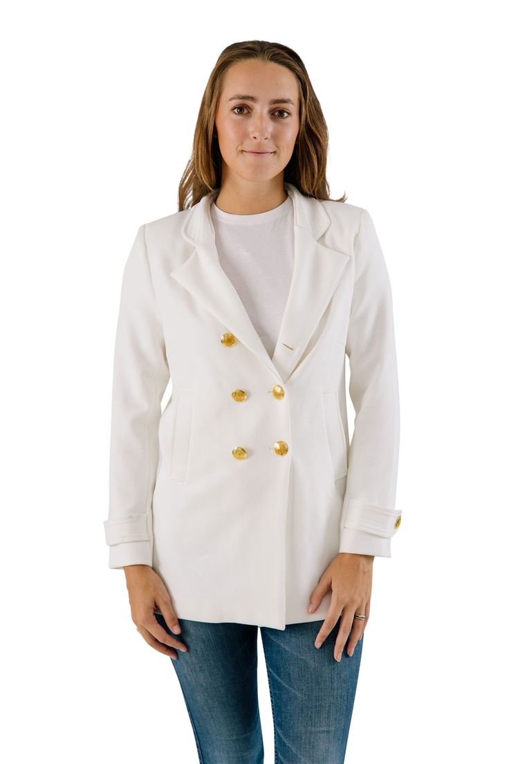 The Madison Blazer by Patty Kim is the perfect layering piece for the chic lady. This classic double breasted jacket is hand crafted in Italian Ponte Knit Fabric. Fully Lined with gold buttons for that elevated yet sophisticated look. Size & FitSize on Model: SHeight on Model: 5'6" Slight stretch. 0-2 XS, 2-4 S, 6-8 M, 10-12 L Classic Blazer Dress With Gold Buttons For Work, Elegant Double-breasted Blazer Dress With Gold Buttons, Elegant Gold Double-breasted Outerwear, Elegant Double-breasted Blazer Dress With Gold Buttons For Office, Gold Double-breasted Elegant Blazer, Gold Double-breasted Blazer With Double Button Closure, Gold Elegant Double-breasted Blazer, Elegant Gold Double-breasted Blazer, Double-breasted Blazer Dress With Gold Buttons For Work