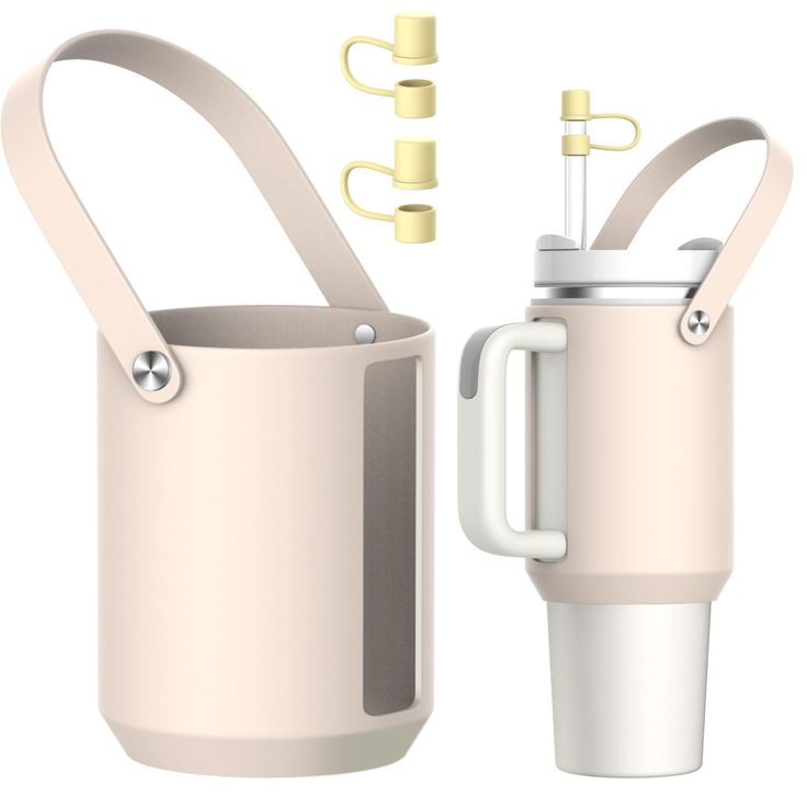 a blender and cup with handles are shown next to each other