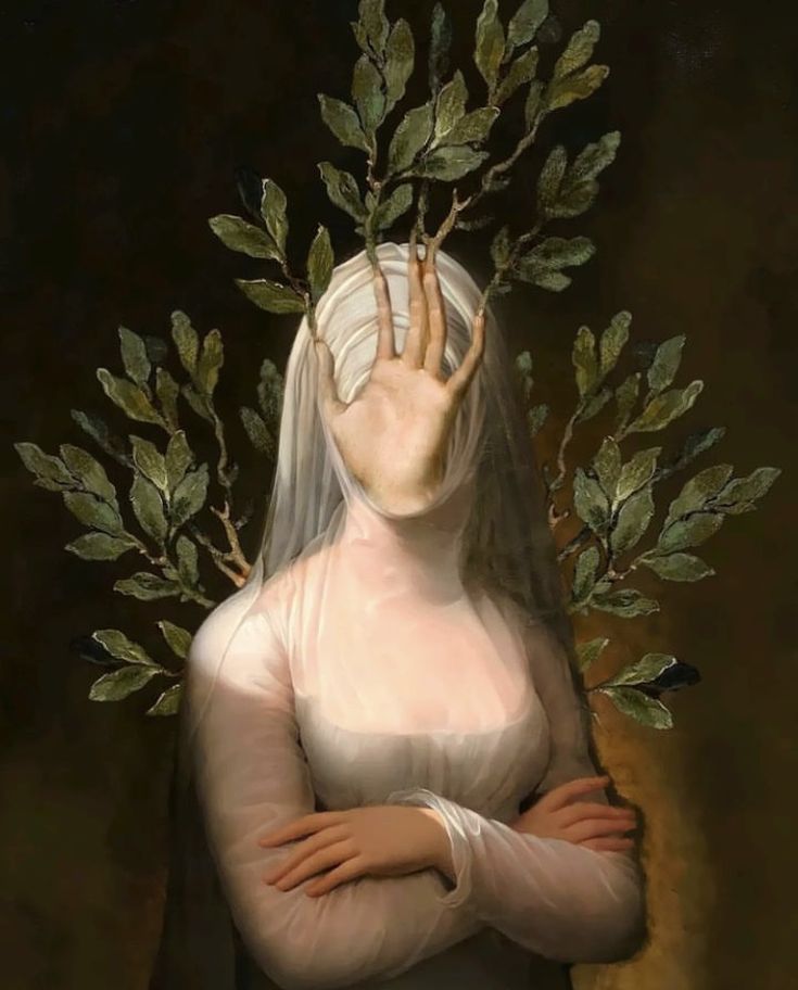 a painting of a woman with her hands on her face and leaves in front of her head