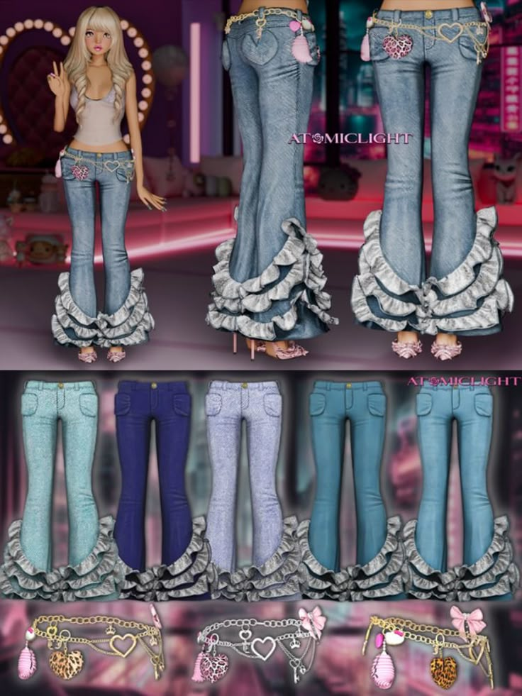 four different colored jeans are shown in the same style and color, one with ruffles on it