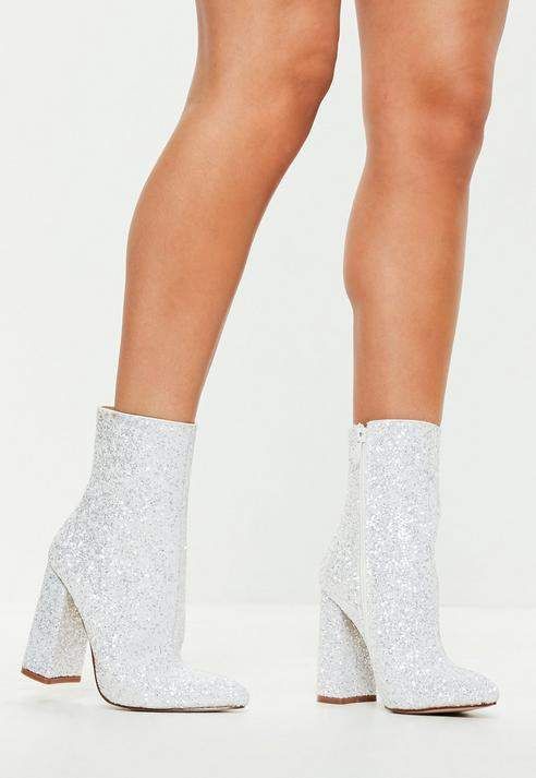 White Flared Heel Glitter Ankle Boots, White Glitter Ankle Boots, White Heel Boots, White Ankle Boots, Dr Shoes, Glitter Boots, Fancy Shoes, Cute Heels, Girly Shoes, Glitter Shoes