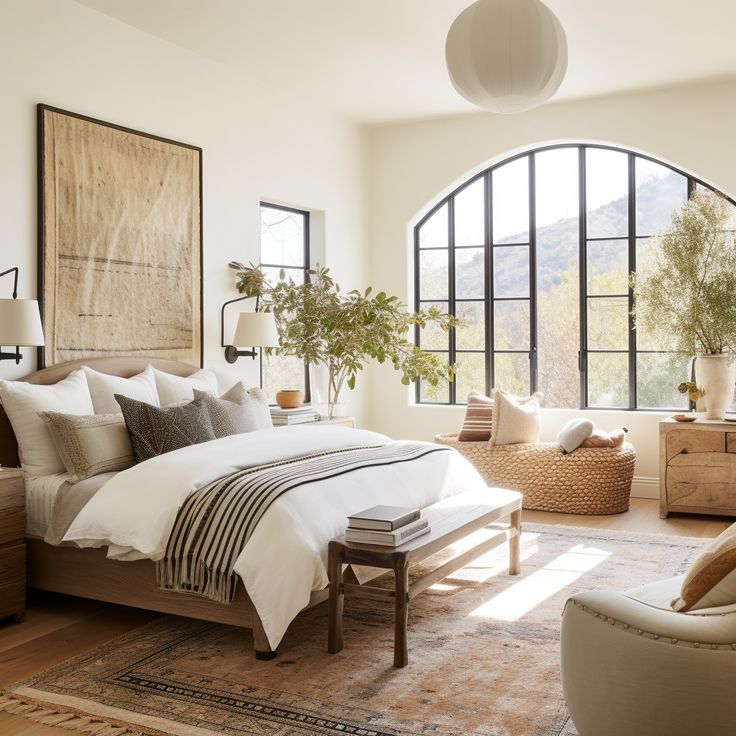 a bedroom with large windows and a bed in the middle, surrounded by wooden furniture