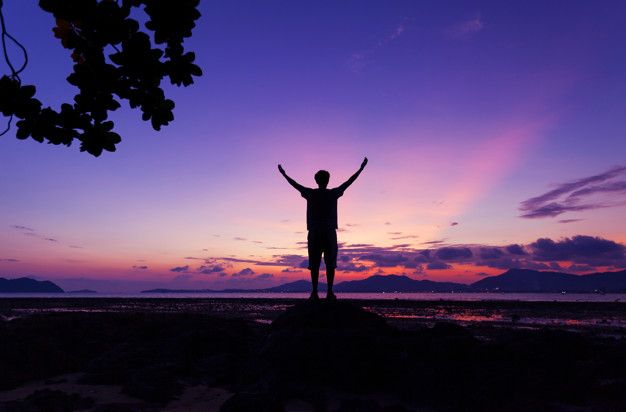 a person standing on top of a rock with their arms in the air at sunset