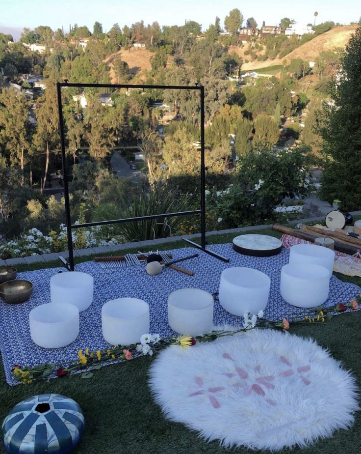 an outdoor party setup with plates, bowls and cups on the grass in front of trees