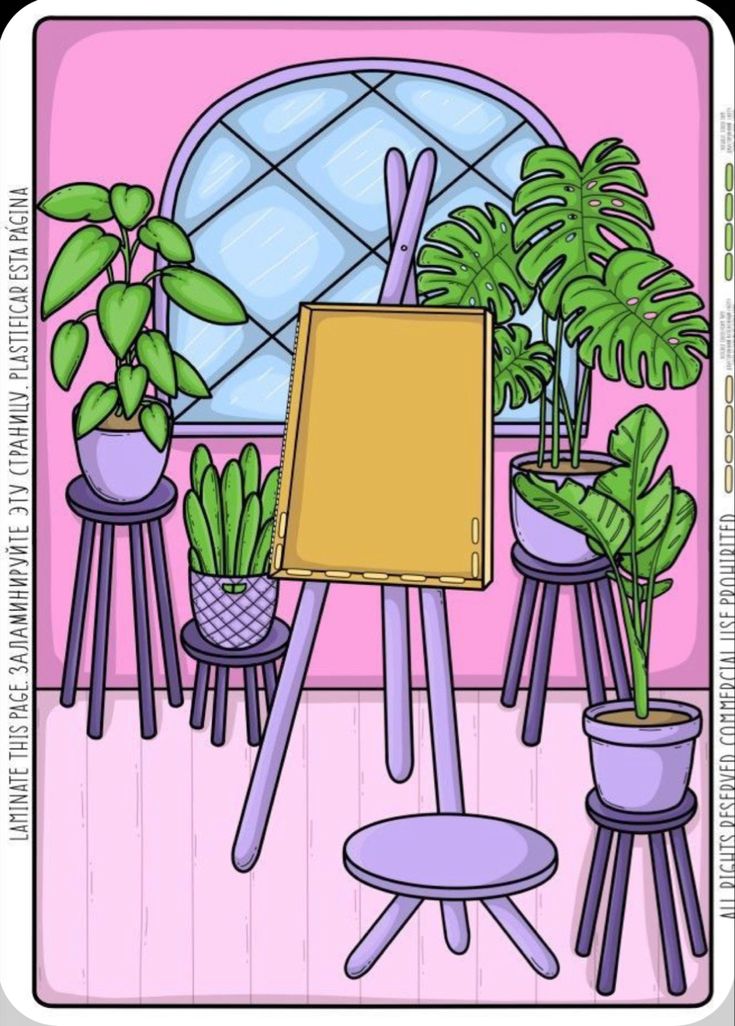 a drawing board surrounded by potted plants in front of a pink wall and window