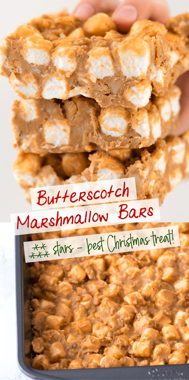 three different views of marshmallow treats in a pan with labels on them that say butterscotch, marshmallow bars, and best christmas treat