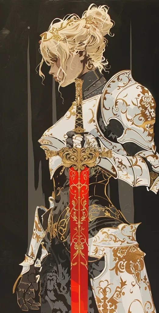 The painting depicts a woman in medieval armor. She is wearing a white and gold breastplate with intricate designs and a red skirt ->> more details in ai-img-gen.com Fantasy Breastplate Armor, Medieval Woman Armor, White Armor Fantasy, Medieval Helmets Design, White And Gold Armor Female, Lady In Armor, Redhead Knight Female, Female Knight Painting, Woman Armor Drawing