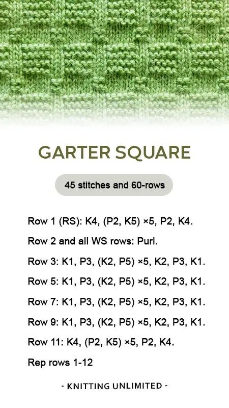 the knitting pattern for garter square is shown in green