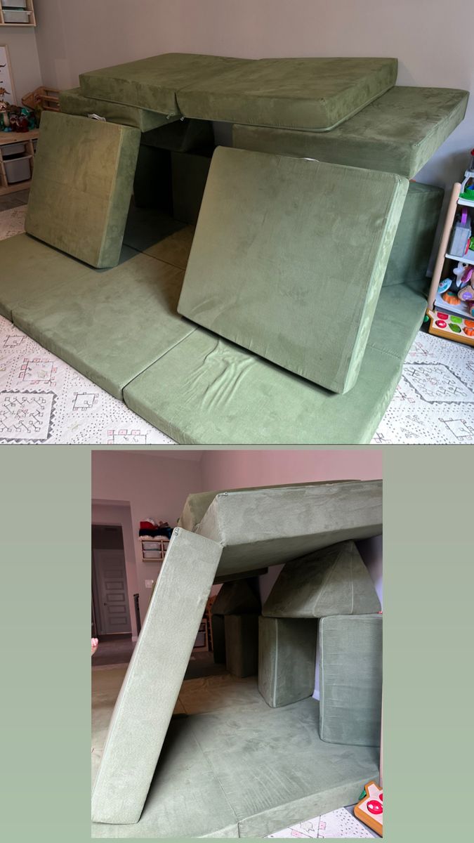 two pictures show the inside of a cat house made out of cement blocks and cardboard