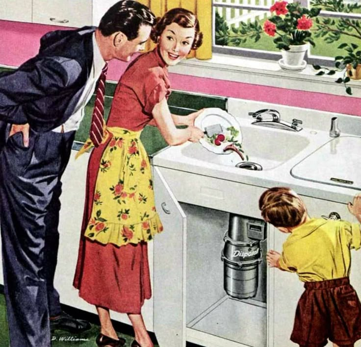 a man and two children are washing dishes in the kitchen sink while another child looks on