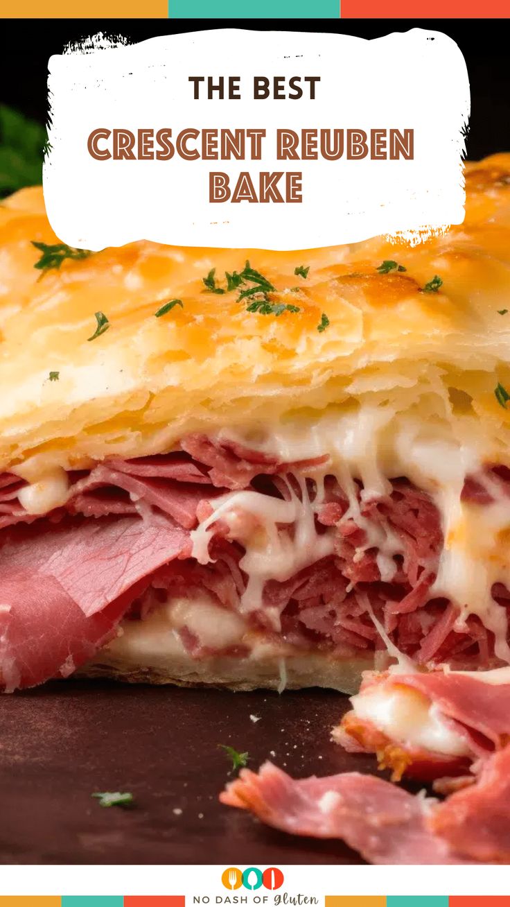 the best crescent reuben bake with cheese and ham on top is shown in this image