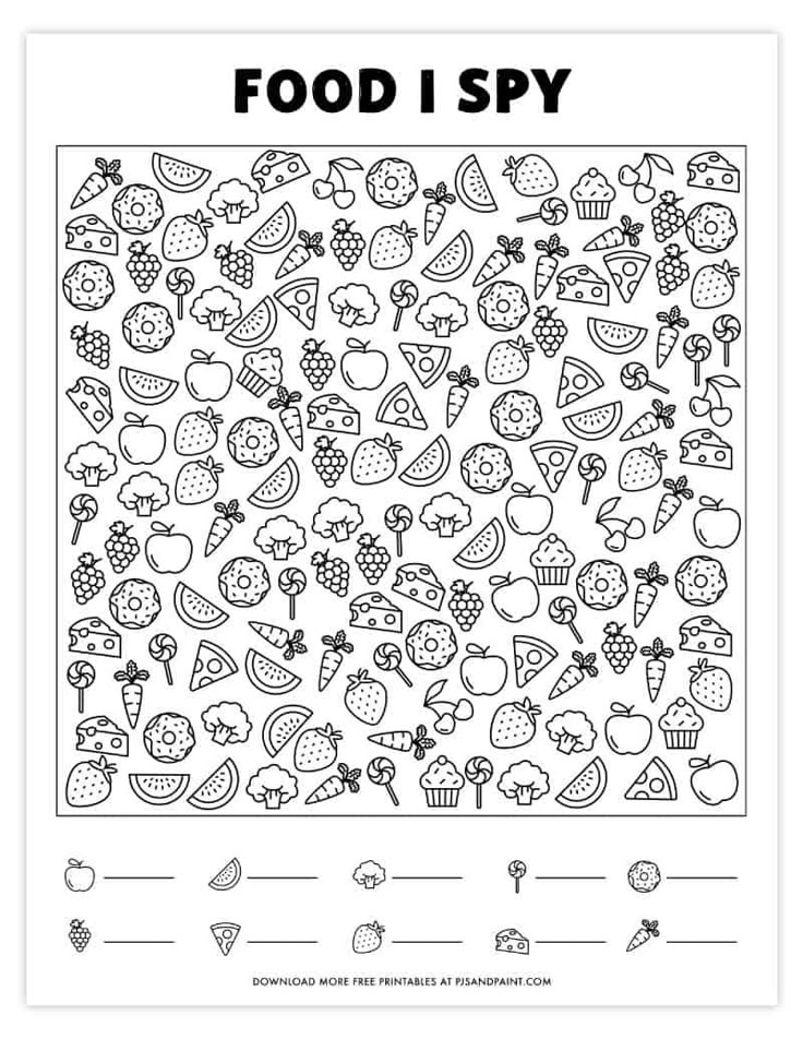 a coloring page with food i spys in black and white on the bottom right corner