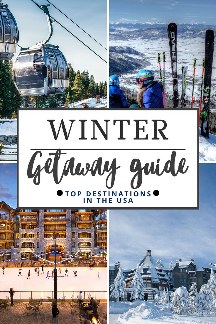 the words winter getaway guide are overlaid by images of skis and buildings