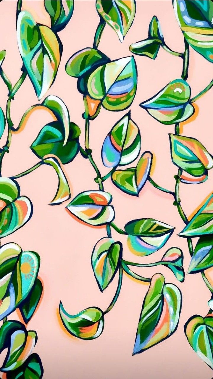 a painting of green leaves on a pink background