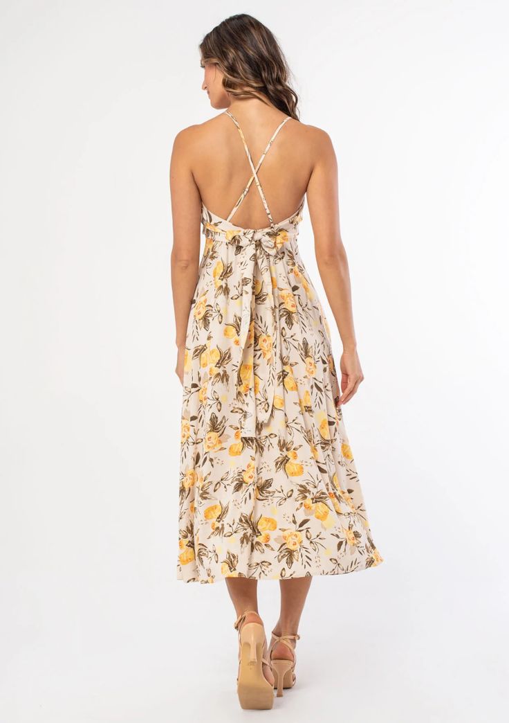 Lemon Maxi Dress  with lemon pattern and criss cross strap detailing in the back Fruit Print Dress, Pretty Midi Dresses, Bohemian Midi Dress, Midi Dres, Yellow Fruit, Midi Tank Dress, Slim Fit Top, Printed Dresses, Fashion Catalogue