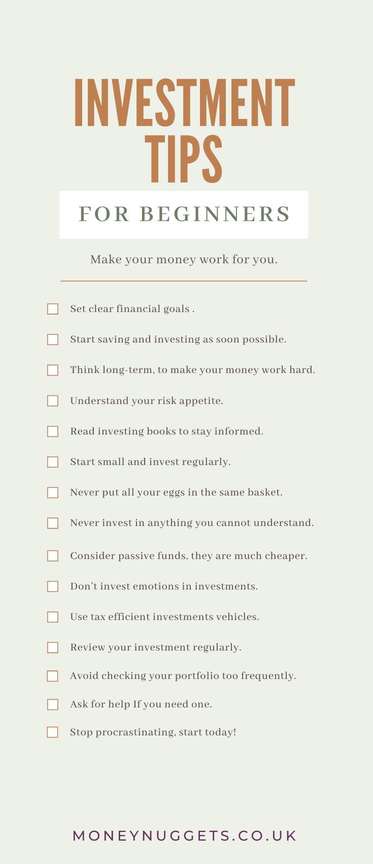 a checklist with the words investment tips for beginners to make money work for you