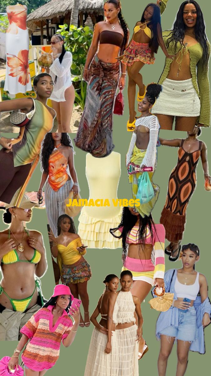 Jamaica Outfits Black Women Beach, Philippine Vacation Outfits, Outfit Ideas Vacation The Beach, Jamaican Aesthetic Outfit, Caribian Party Outfits, Jamaica Culture Clothes, Country Vacation Outfits, 90s Caribbean Fashion, Tenerife Holiday Outfits