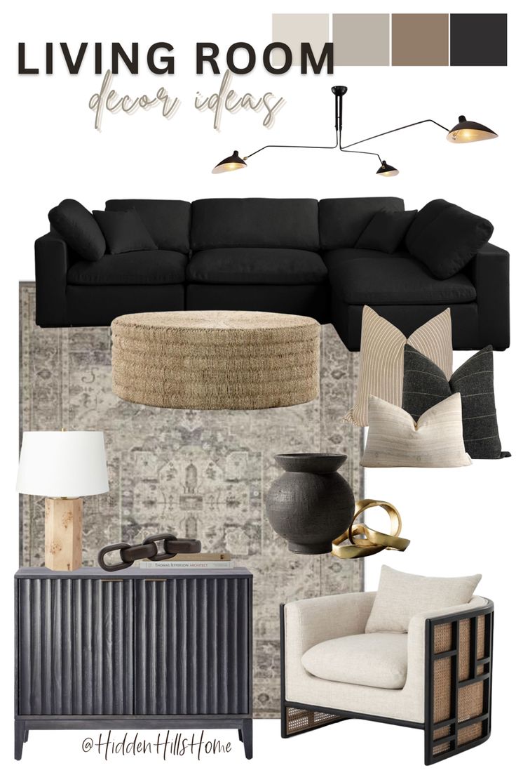 Living room mood board with black and tan tones throughout Black Sofa Living Room Decor, Black Couch Living Room, Black Sofa Living Room, Moody Living Room, Black And White Living Room, Black Living Room, Casa Vintage, Neutral Living Room, Black Furniture