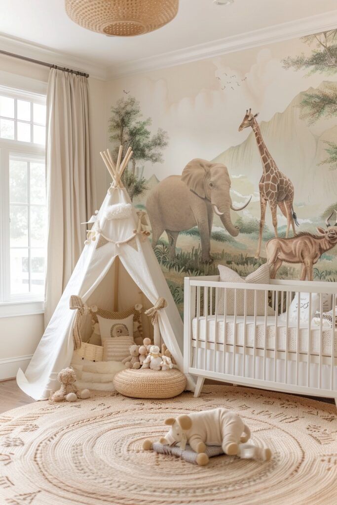 a baby's room with an elephant and giraffe mural