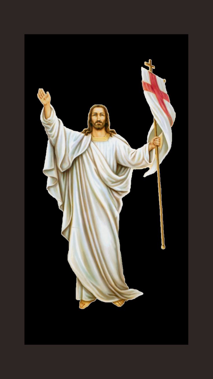 the statue of jesus holding a cross and a flag is shown in front of a black background