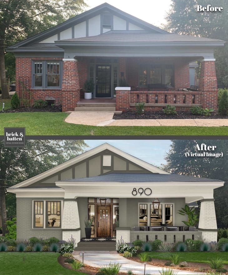 before and after pictures of a house with porches on the front, side and back